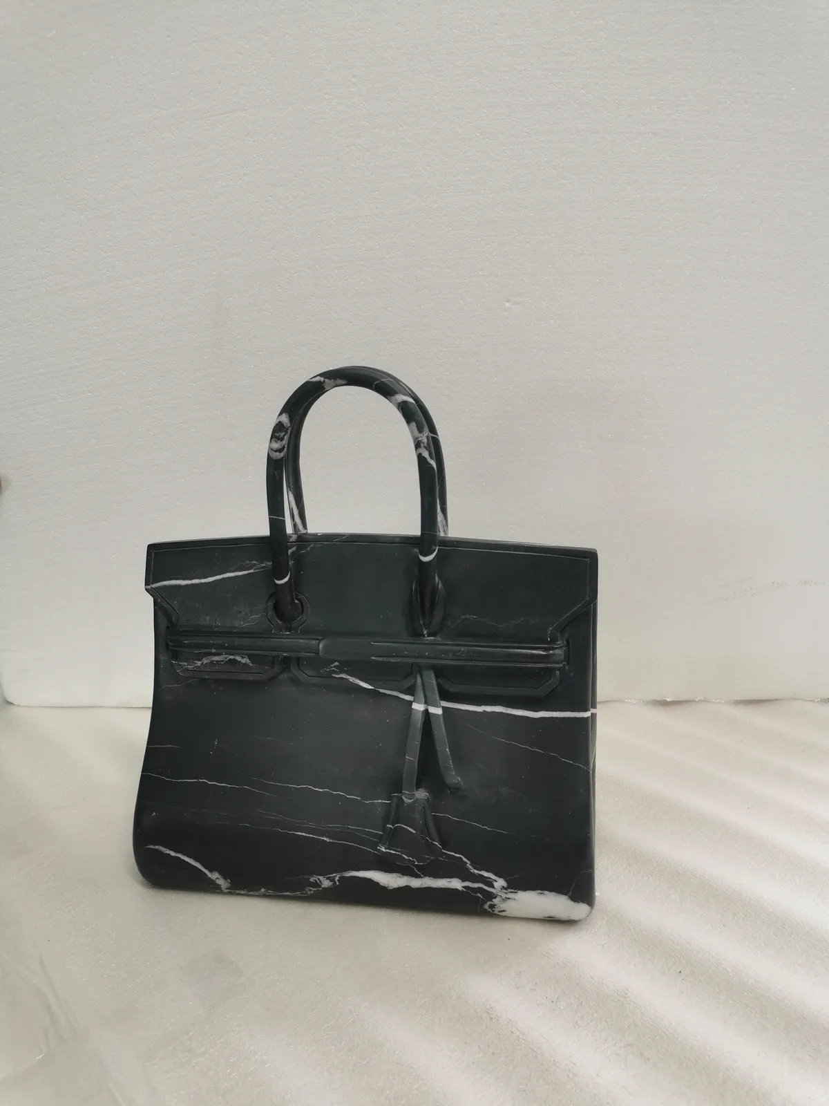 Black Marquina Marble Stone Bag Carving Artwork Marble Handbag