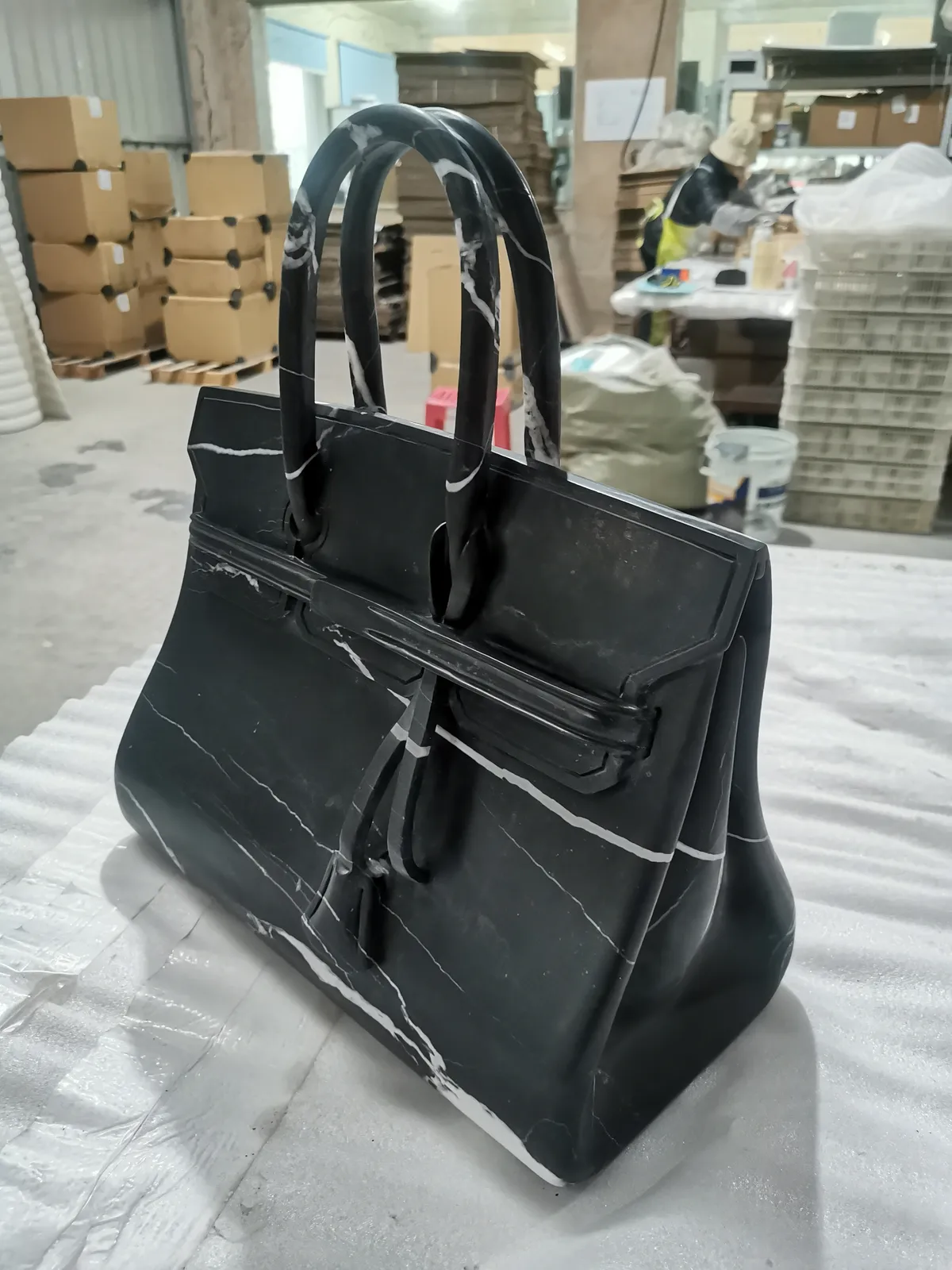 Black Marquina Marble Stone Bag Carving Artwork Marble Handbag