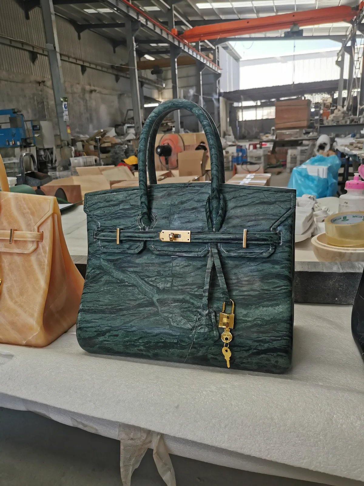 Dark Green Marble Carved Handbag Sculpture