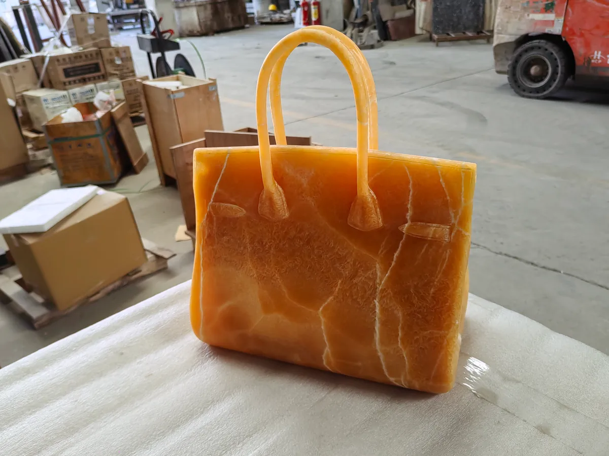 Orange Onyx Stone Bag Craft Carved Luxury Decor Artwork