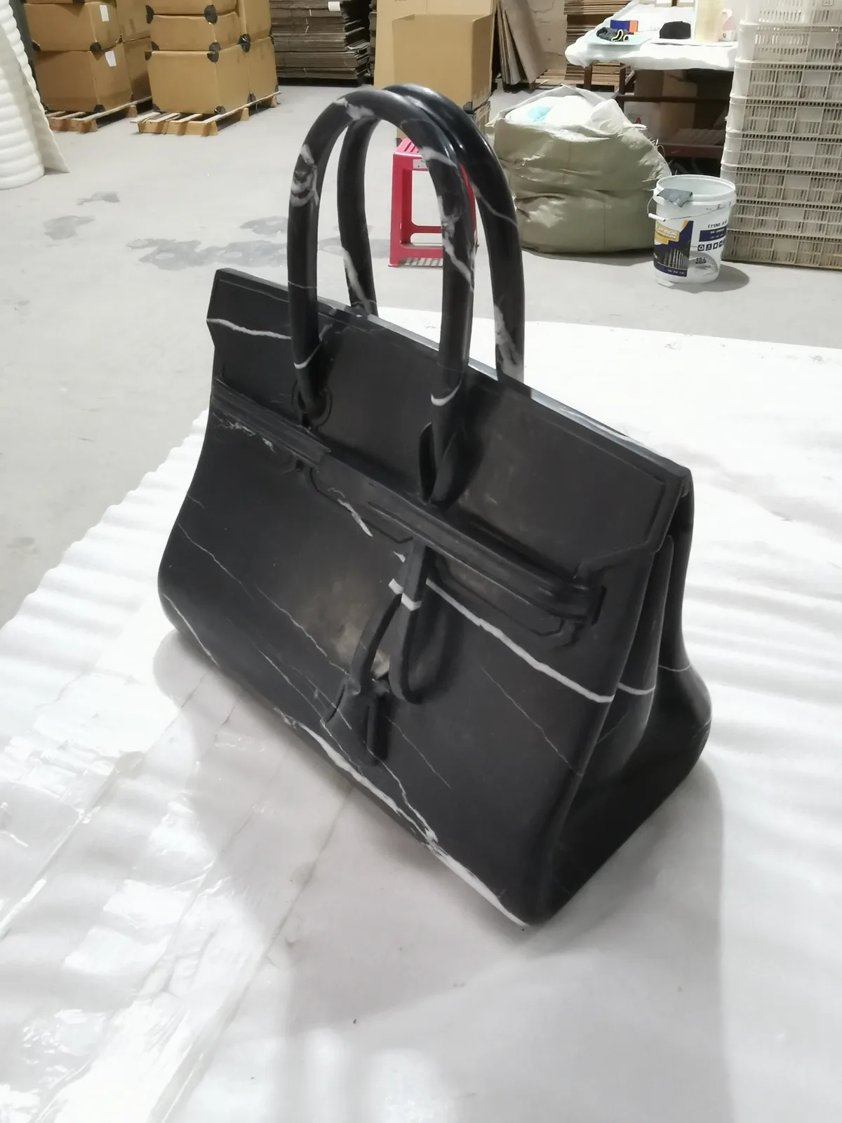 Black Marquina Marble Stone Bag Carving Artwork Marble Handbag