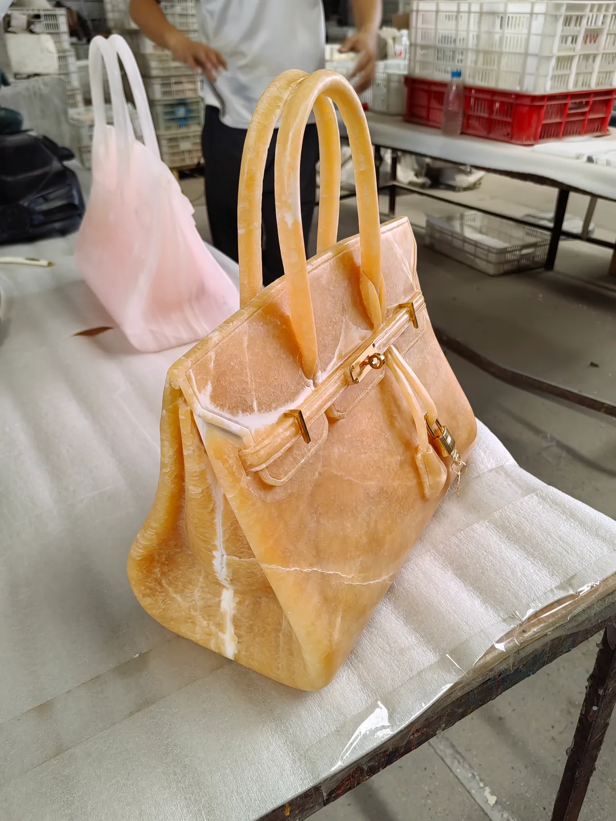 Orange Onyx Stone Bag Craft Carved Luxury Decor Artwork