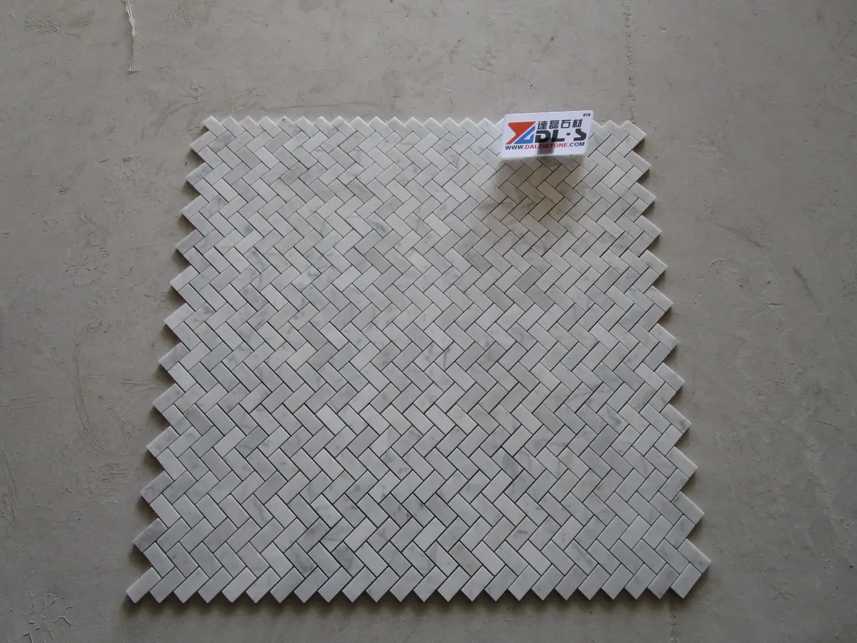 Polished Herringbone Bianco Carrara Marble Mosaic Tile