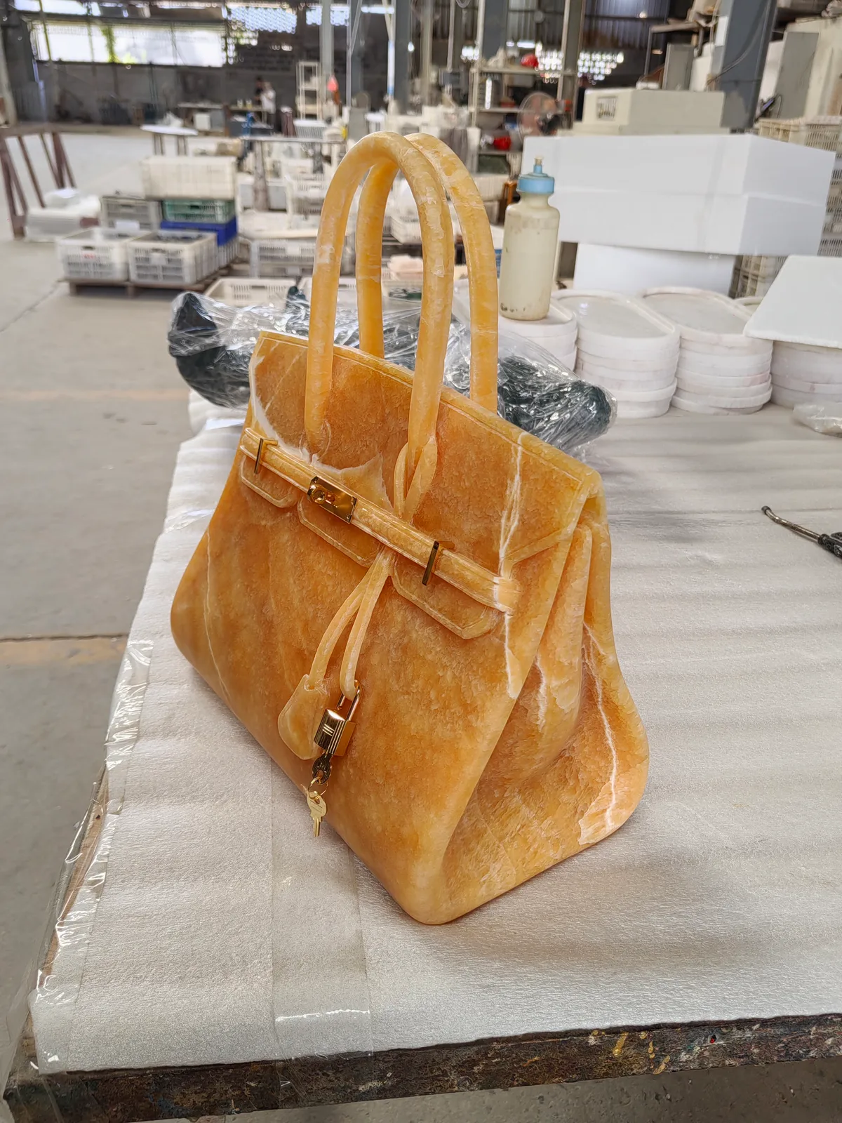Orange Onyx Stone Bag Craft Carved Luxury Decor Artwork