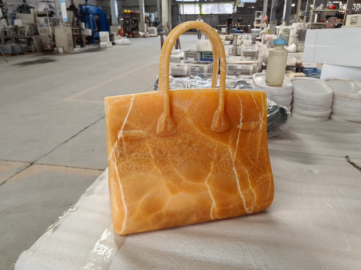 Orange Onyx Stone Bag Craft Carved Luxury Decor Artwork