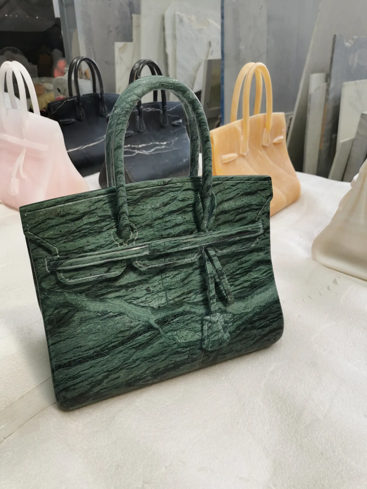 Dark Green Marble Carved Handbag Sculpture