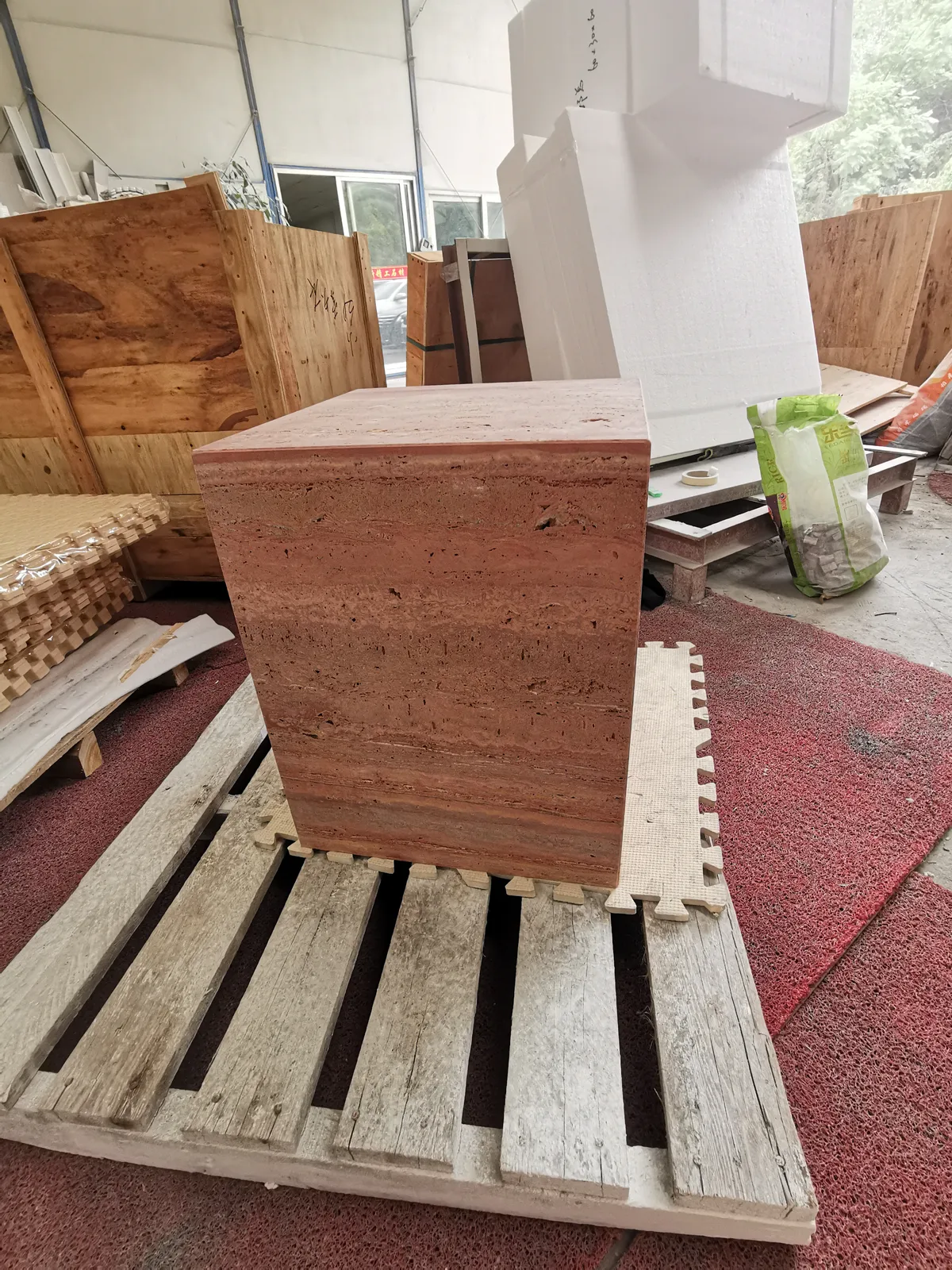 Red Travertine Side Table Cube Pedestal Plinth
