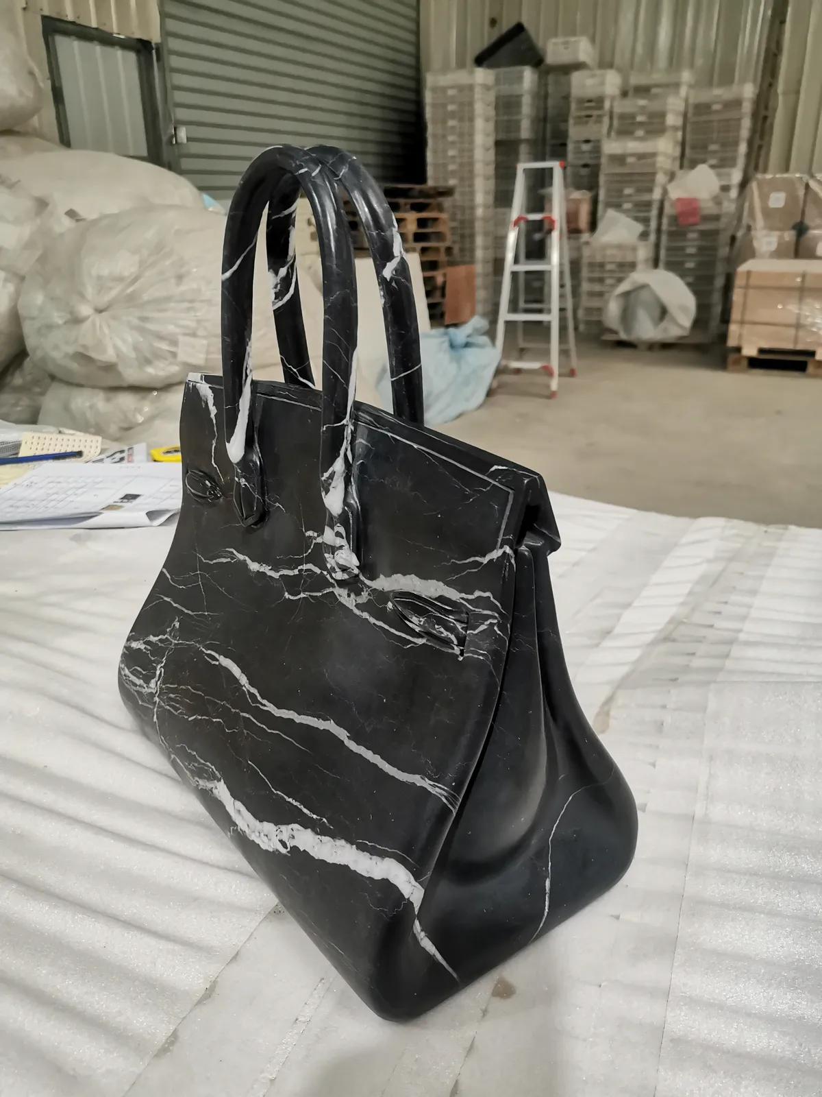 Black Marquina Marble Stone Bag Carving Artwork Marble Handbag