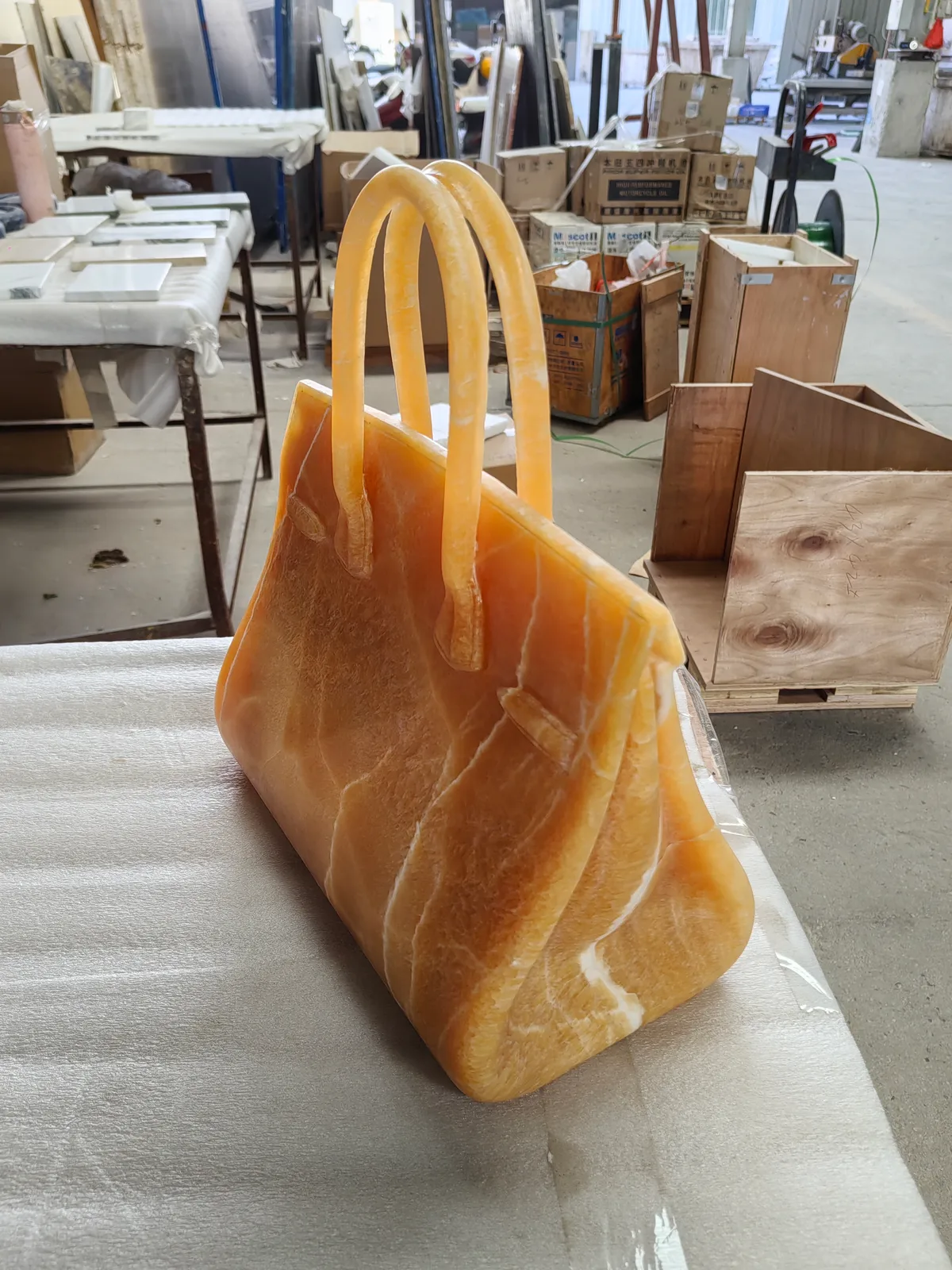 Orange Onyx Stone Bag Craft Carved Luxury Decor Artwork