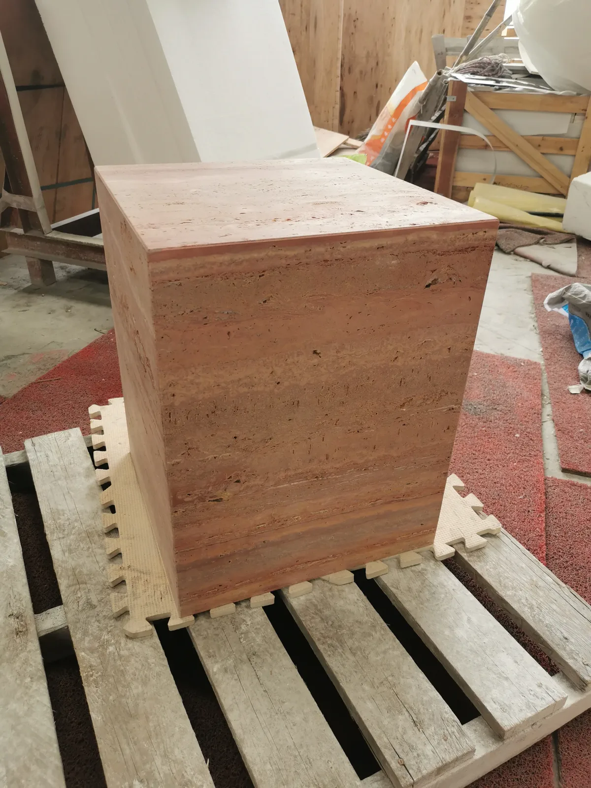 Red Travertine Side Table Cube Pedestal Plinth
