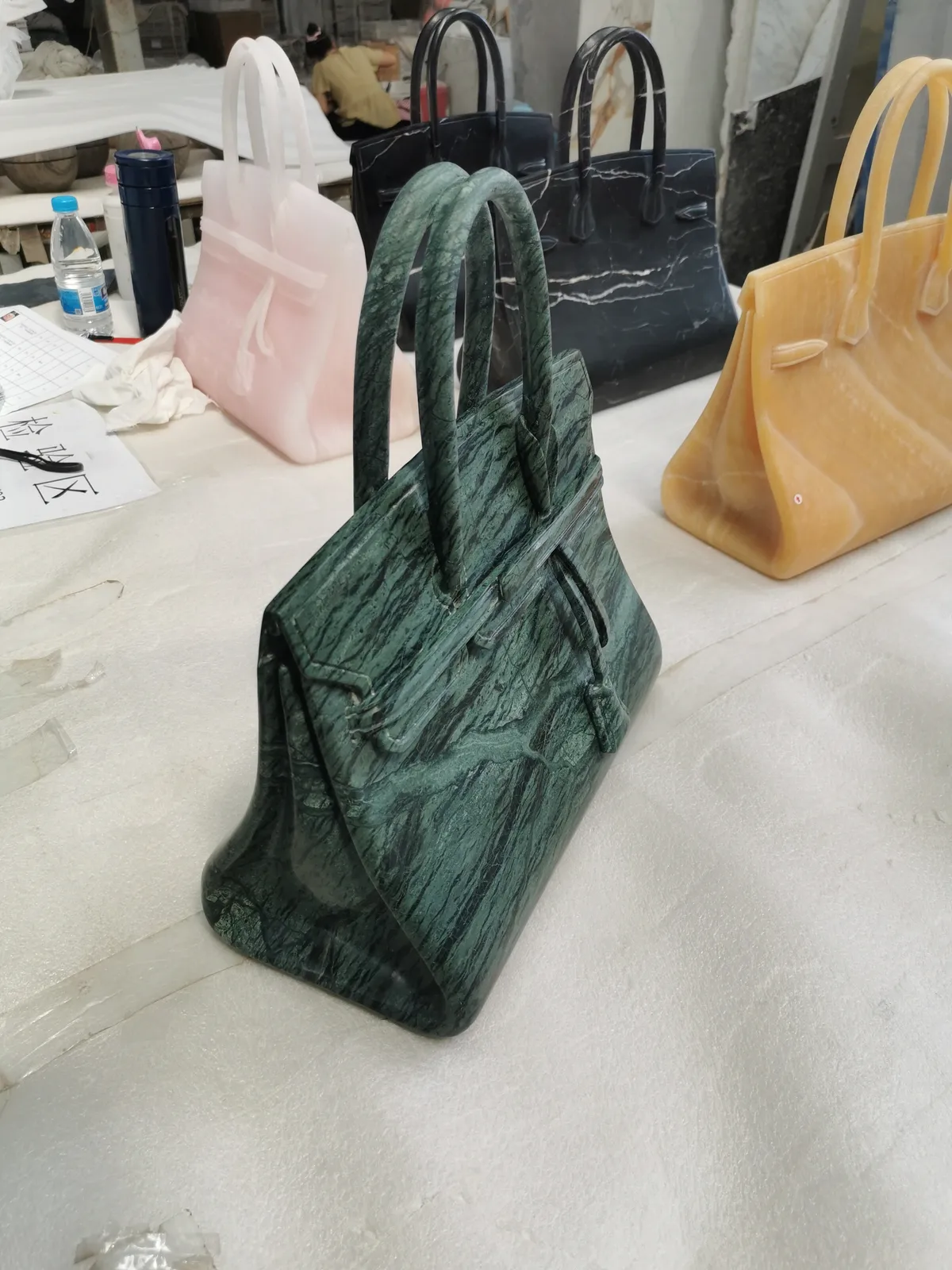 Dark Green Marble Carved Handbag Sculpture