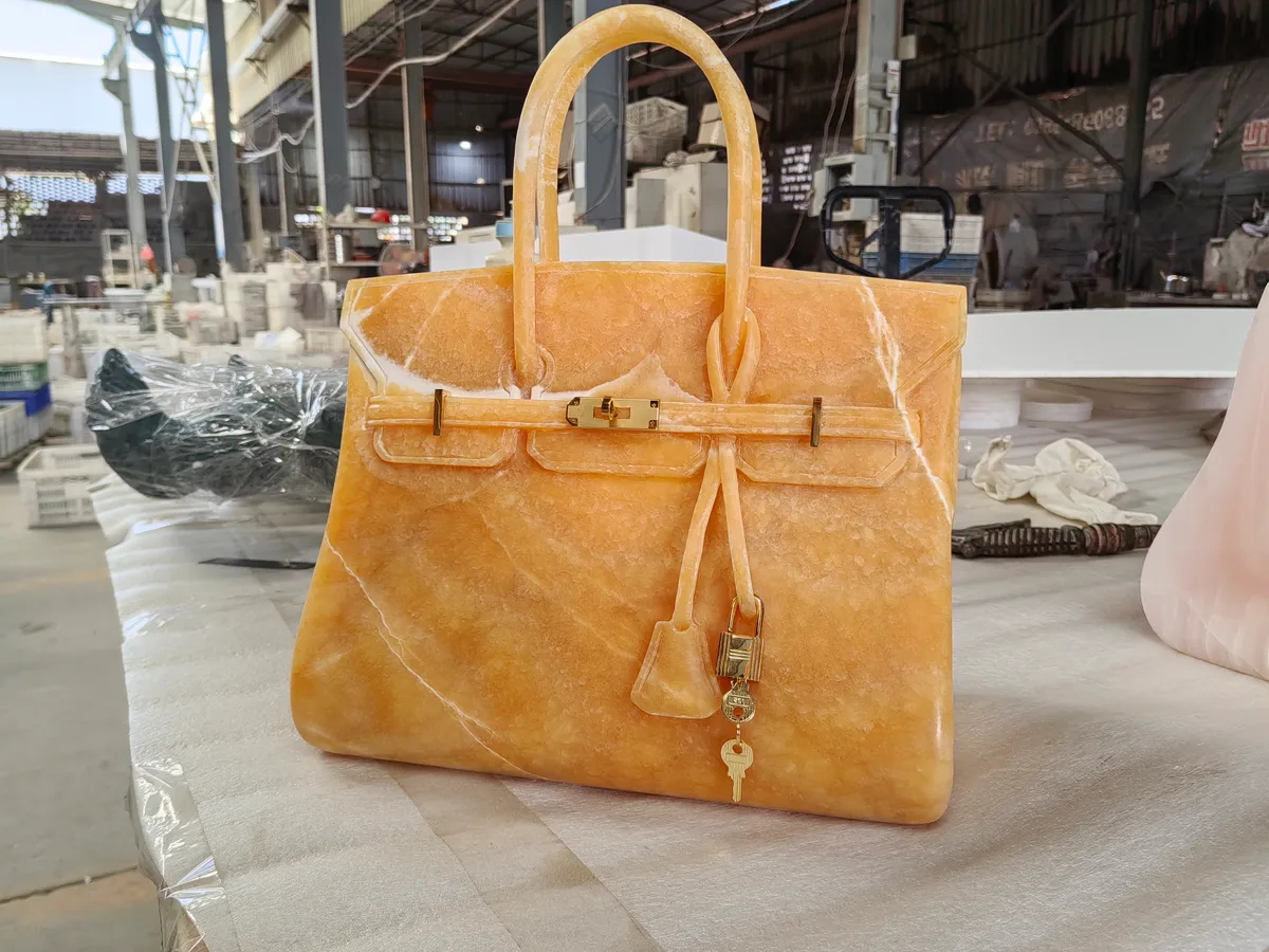 Orange Onyx Stone Bag Craft Carved Luxury Decor Artwork