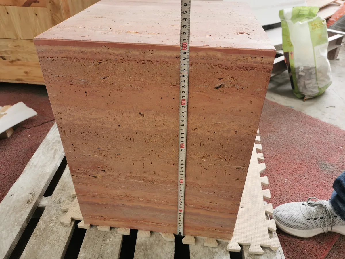 Red Travertine Side Table Cube Pedestal Plinth