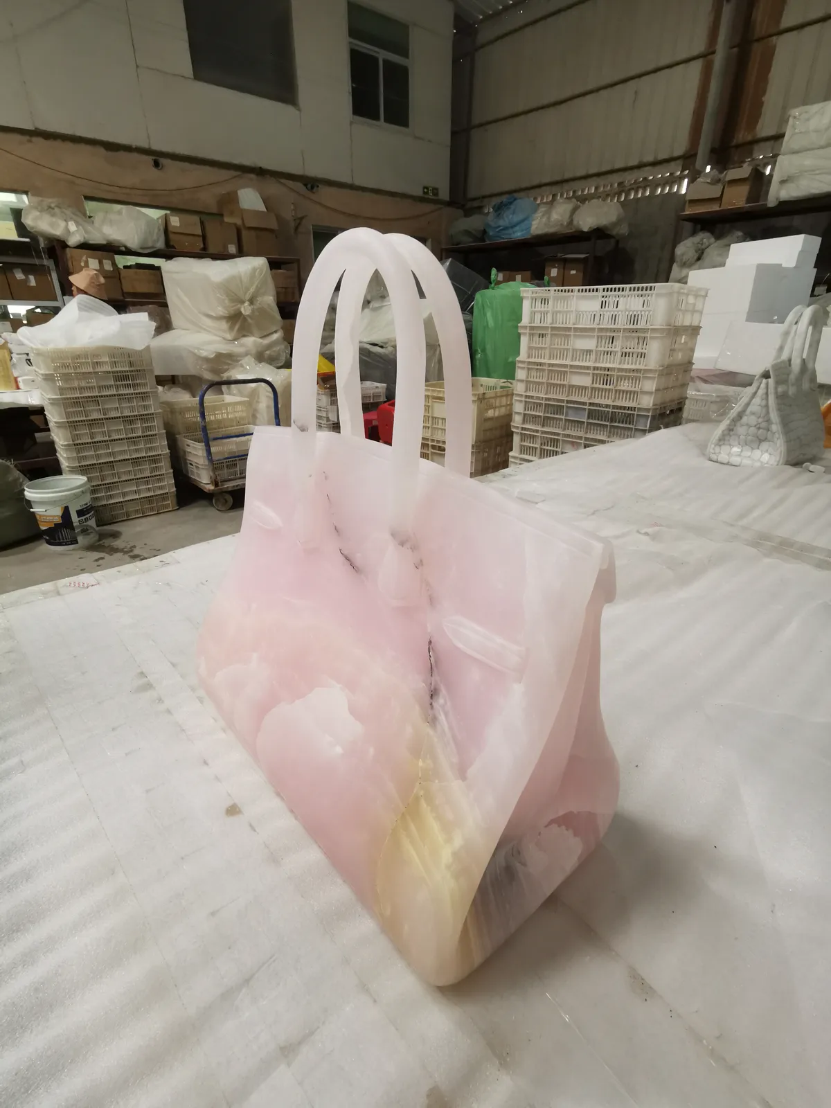 Pink Onyx Stone Bag Craft Carved Luxury Decor Artwork
