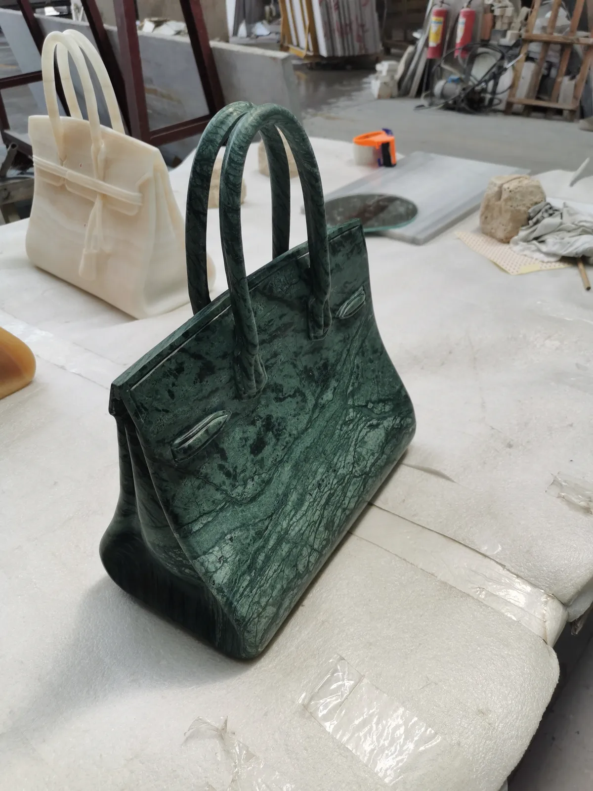 Dark Green Marble Carved Handbag Sculpture
