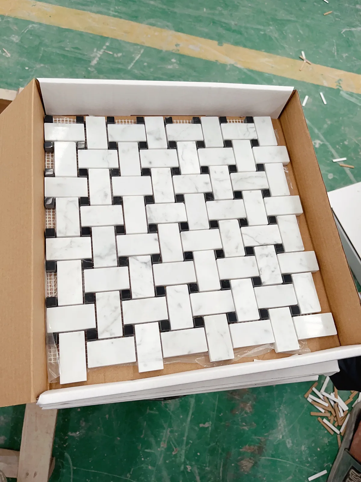 Carrara White ande Black Marble Basketweave Mosaic Tile