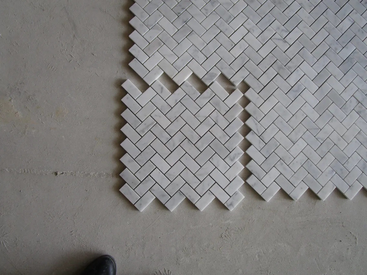 Polished Herringbone Bianco Carrara Marble Mosaic Tile